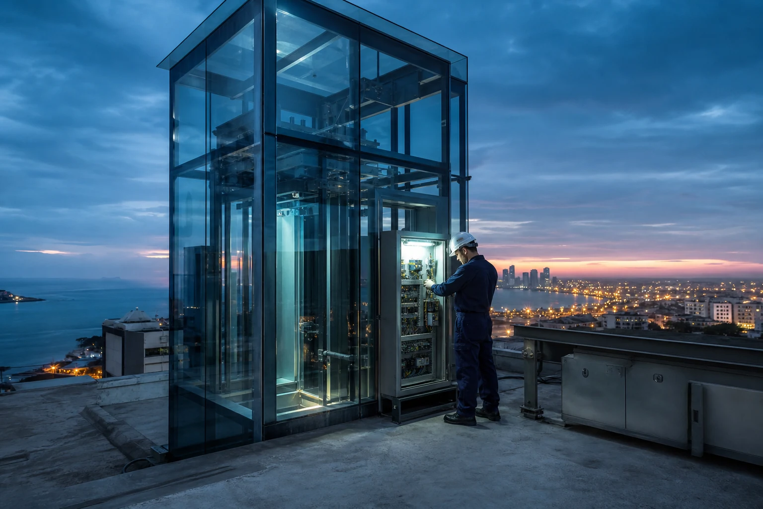 Técnico atendiendo un ascensor panorámico en una ciudad costera colombiana