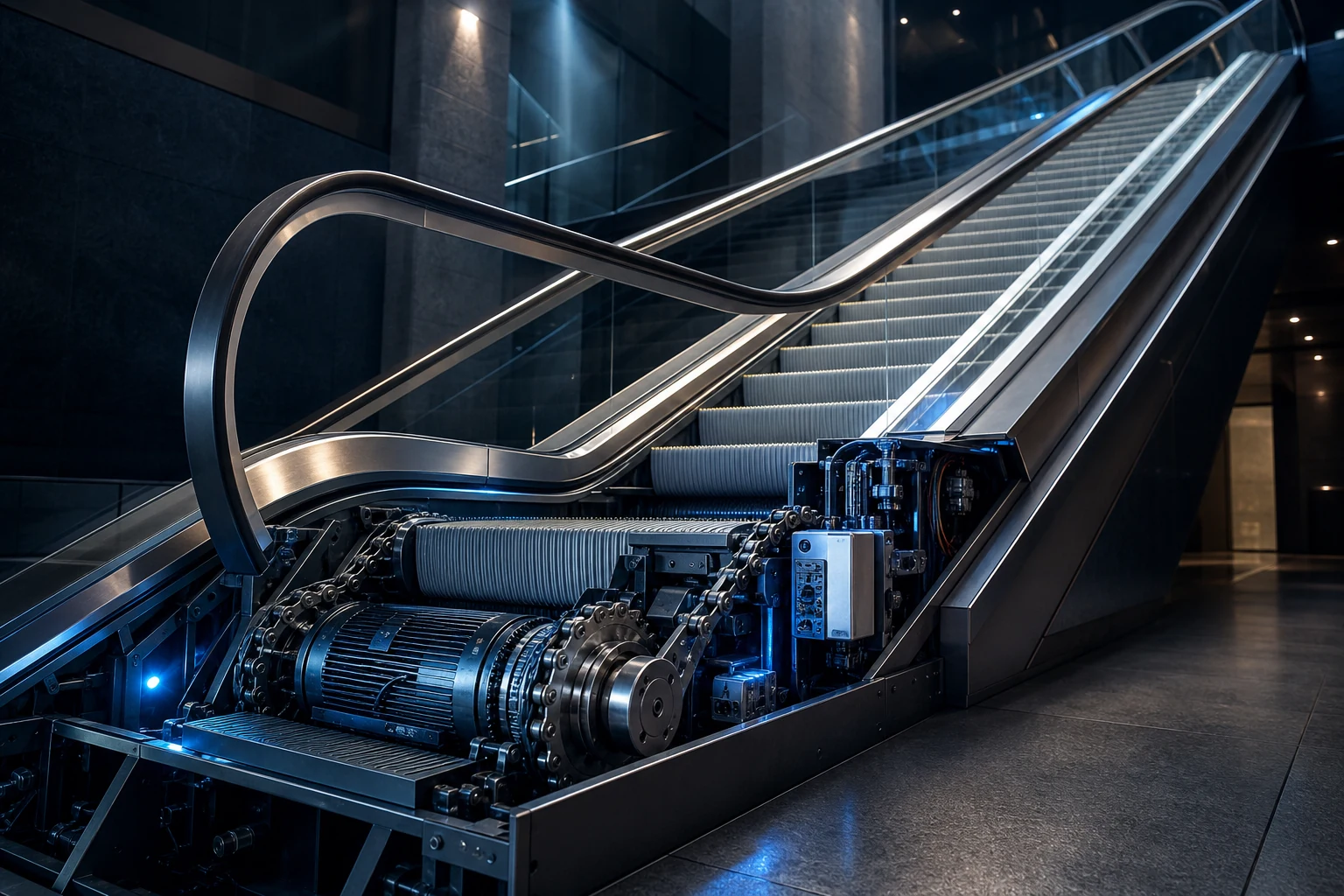 Escalera eléctrica abierta durante un proceso de modernización mecánica
