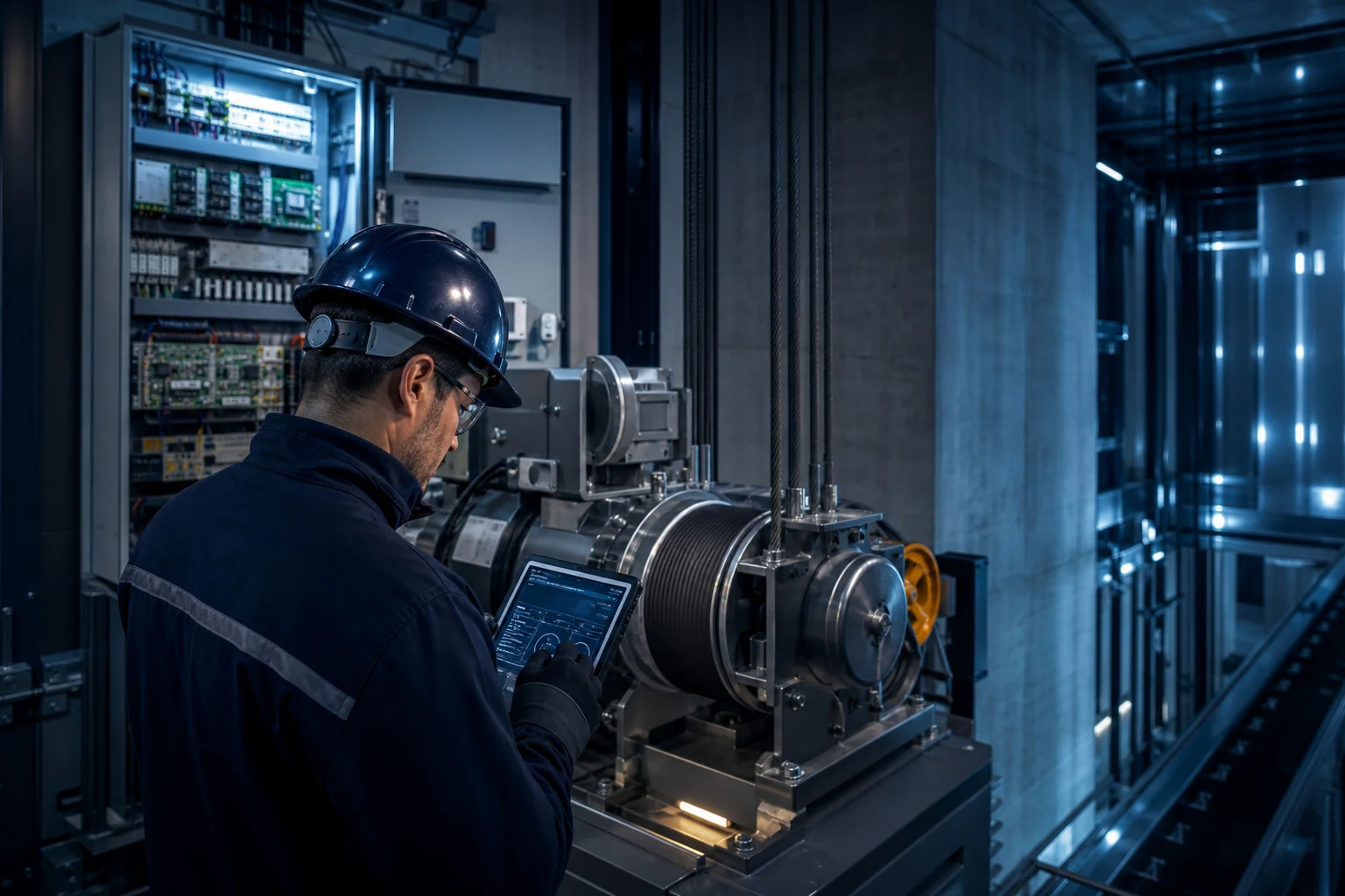 Técnico especializado inspeccionando una máquina tractora de ascensor