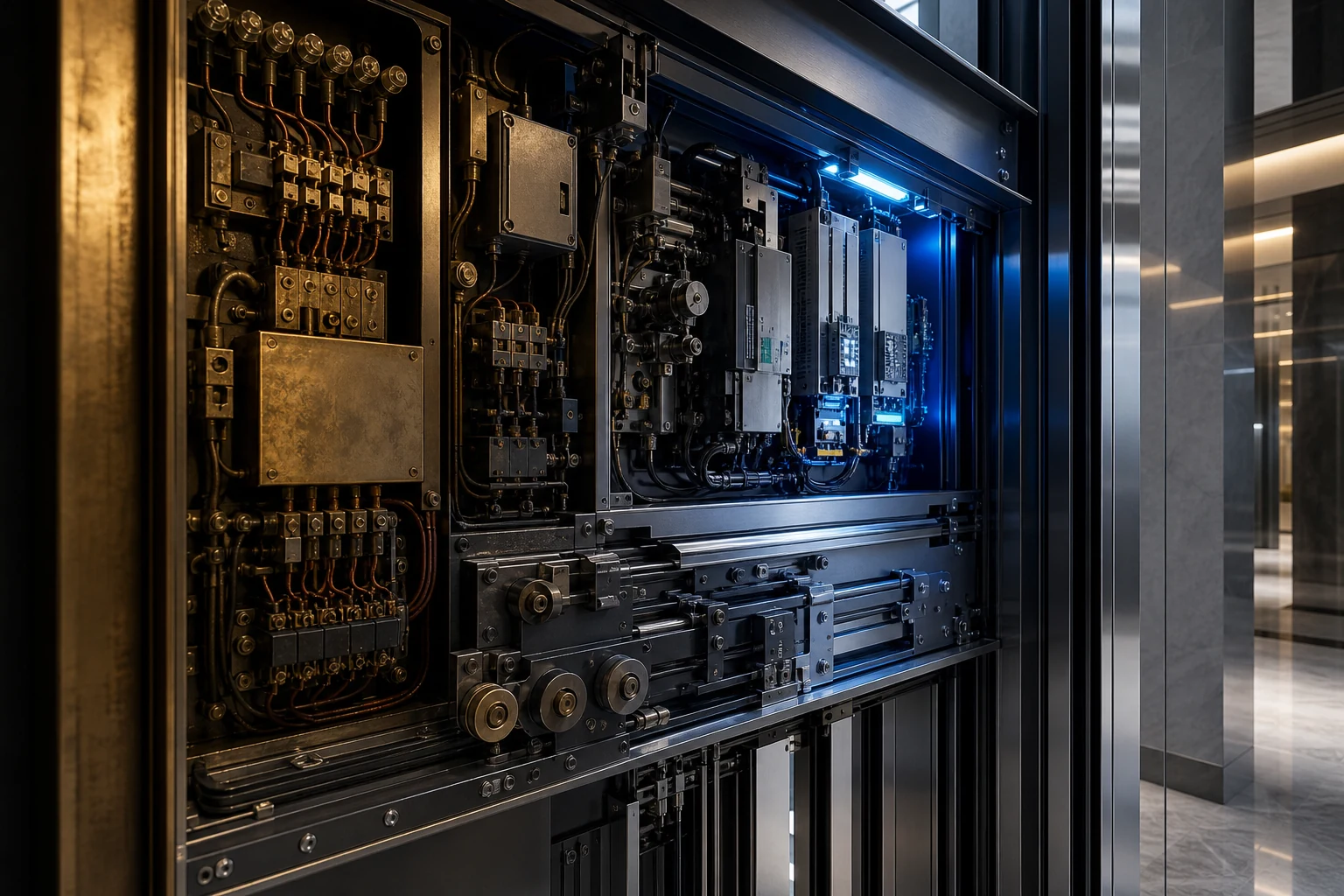 Componentes históricos y modernos de un sistema de control de ascensor